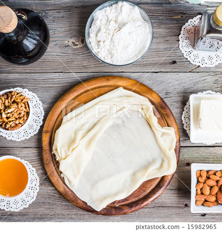 Ingredients for making baklava, phyllo dough 15982965