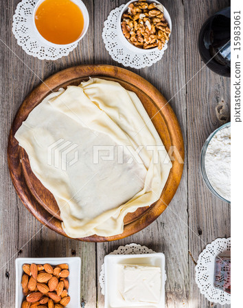 Ingredients for making  baklava,phyllo dough 15983061