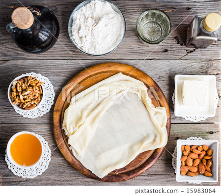 Ingredients for making baklava,phyllo dough, nuts 15983064