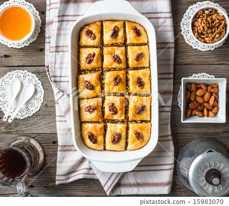 sweet baklava with honey and nuts, rustic, Turkish 15983070