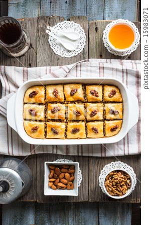 sweet baklava with honey and nuts, rustic, Turkish 15983071