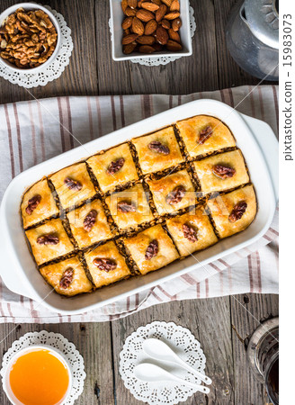 sweet baklava with honey and nuts, rustic, Turkish 15983073