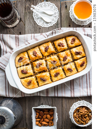 sweet baklava with honey and nuts, rustic 15983076