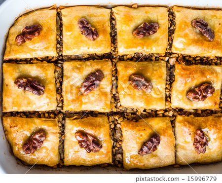 sweet baklava with honey and nuts, rustic sweet baklava with honey and nuts, rustic 15996779