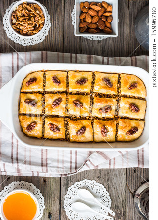 sweet baklava with honey and nuts, rustic 15996780