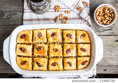 sweet baklava with honey and nuts, rustic 15996786