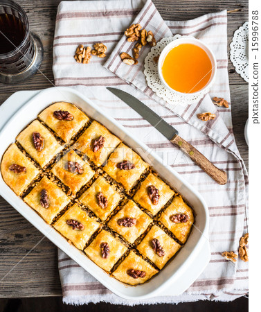 sweet baklava with honey and nuts, rustic 15996788