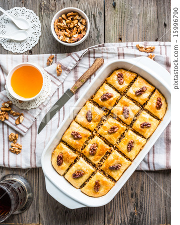 sweet baklava with honey and nuts, rustic 15996790