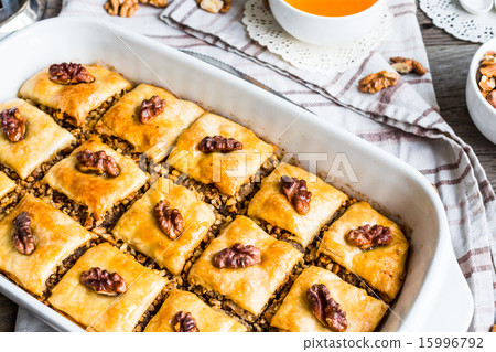 sweet baklava with honey and nuts, rustic 15996792