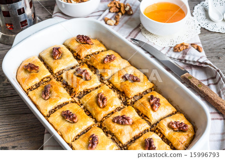 sweet baklava with honey and nuts, rustic 15996793