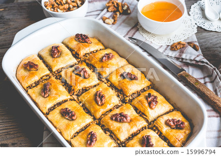 sweet baklava with honey and nuts, rustic sweet baklava with honey and nuts, rustic 15996794
