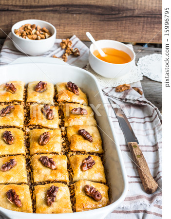 sweet baklava with honey and nuts, rustic 15996795