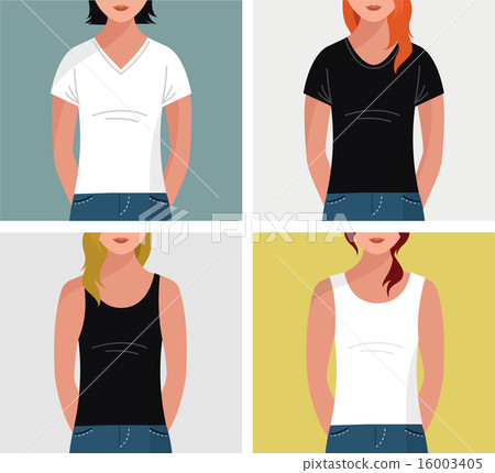 Girls with t-shirts, vector flat mock up, template set Girls with t-shirts, vector flat mock up, template set 16003405