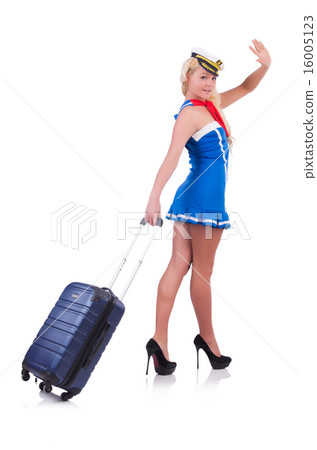 Woman travel attendant with suitcase on white Woman travel attendant with suitcase on white 16005123