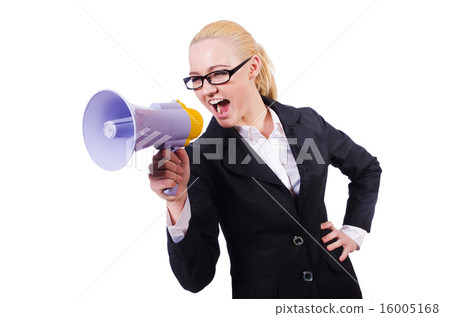 Woman businesswoman with loudspeaker on white Woman businesswoman with loudspeaker on white 16005168