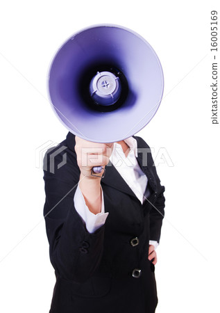 Woman businesswoman with loudspeaker on white Woman businesswoman with loudspeaker on white 16005169
