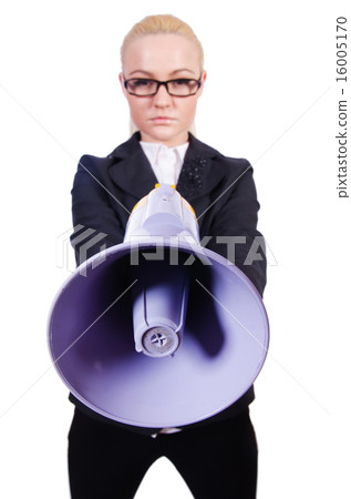 Woman businesswoman with loudspeaker on white Woman businesswoman with loudspeaker on white 16005170