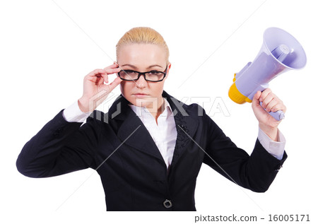 Woman businesswoman with loudspeaker on white Woman businesswoman with loudspeaker on white 16005171