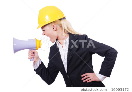 Female construction worker with loudspeaker Female construction worker with loudspeaker 16005172