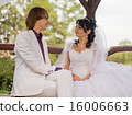 Couple love bride and groom posing sitting on wood 16006663