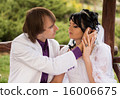 Couple love bride and groom posing sitting on wood 16006675