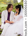 Couple love bride and groom posing sitting on wood 16006680