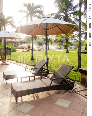 Beach bed in Acra's hotel Palm tree and green lawn 16007504