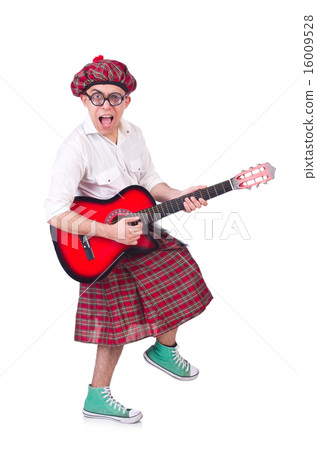 Funny scotsman with guitar on white 16009528