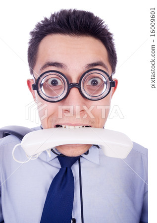 Crazy man with phone on white Crazy man with phone on white 16009601