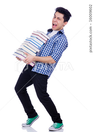 Student with lots of books on white 16009602