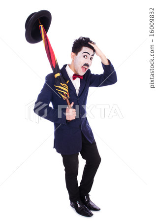 Funny man with umbrella on white 16009832