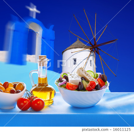 Greek salad on Santorini island in Greece Greek salad on Santorini island in Greece 16011125