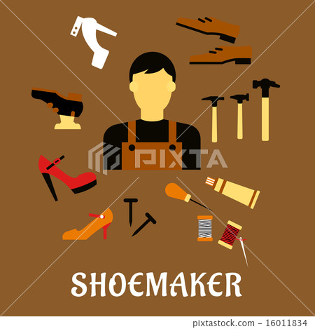 Shoemaker with tools and shoes in flat style Shoemaker with tools and shoes in flat style 16011834