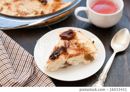 Piece of cottage cheese casserole with raisins Piece of cottage cheese casserole with raisins 16033431