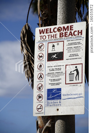 California Santa Monica Beach warning signs sign California Santa Monica Beach warning signs sign 16035972