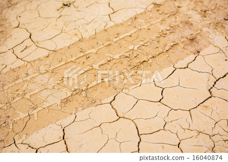 Wheel track on dried cracked soil 16040874