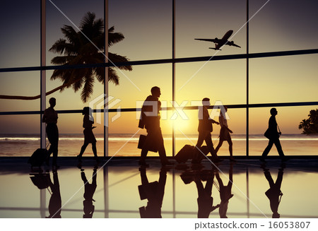 Back Lit Business People Traveling Airplane Airport Concept 16053807