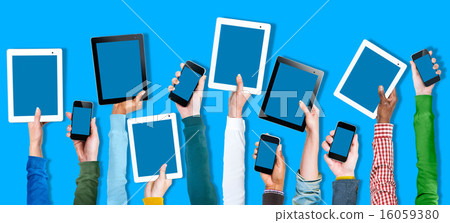 Multi Ethnic Arm Raised Unity Togetherness Digital Device Concep 16059380