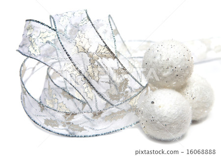 White fluffy New Year's balls and decorative tape White fluffy New Year's balls and decorative tape 16068888