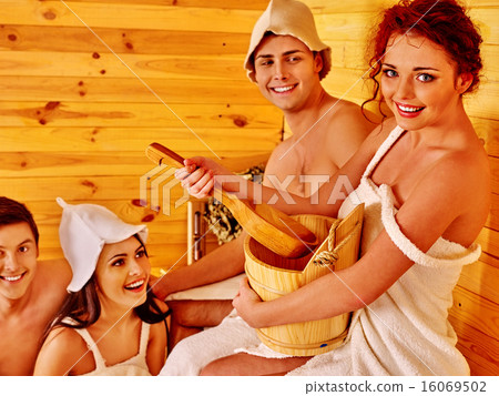 Group people in hat  at sauna. 16069502