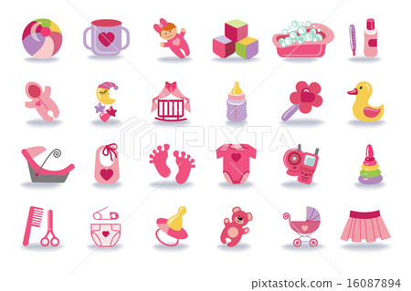 Newborn Baby girl icons set.Baby shower kit Newborn Baby girl icons set.Baby shower kit 16087894