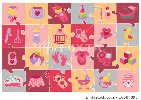 Newborn Baby girl icons set.Baby shower puzzle Newborn Baby girl icons set.Baby shower puzzle 16087895