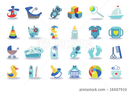 Newborn Baby boy icons set.Baby shower kit Newborn Baby boy icons set.Baby shower kit 16087910