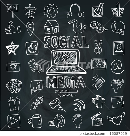 Social Media Word and Icon set.Doodle sketchy Chalkboard 16087929