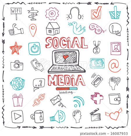 Social Media Word and Icon set.Doodle sketchy outline 16087933