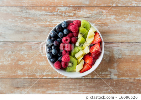 close up of fruits and berries in bowl on table 16096526