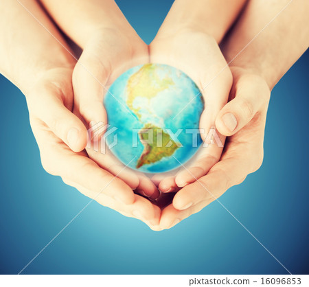 close up of woman and man hands with earth globe 16096853