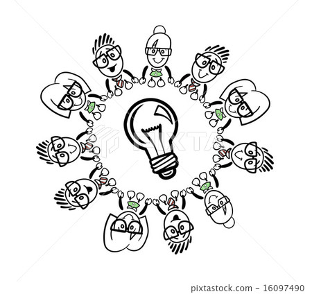 Cute cartoon business people connecting around a bulb 16097490