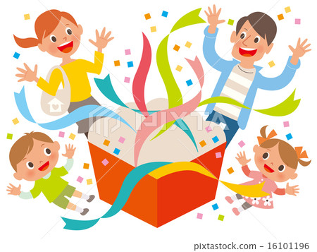 Four pop pop singers and a red box where the ribbon jumps out 16101196