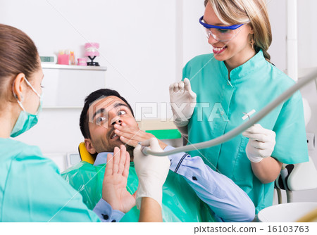 Dentist and scared patient . Dentist and scared patient . 16103763